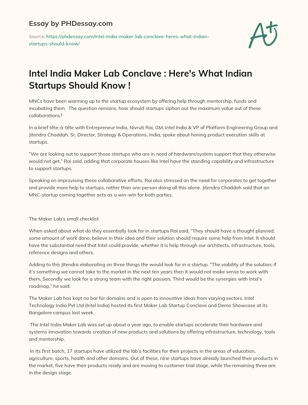 Intel India Maker Lab Conclave : Here’s What Indian Startups Should Know ! essay