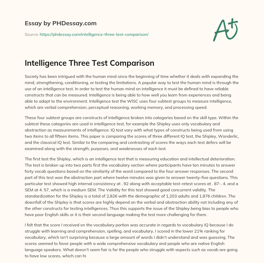 Intelligence Three Test Comparison essay