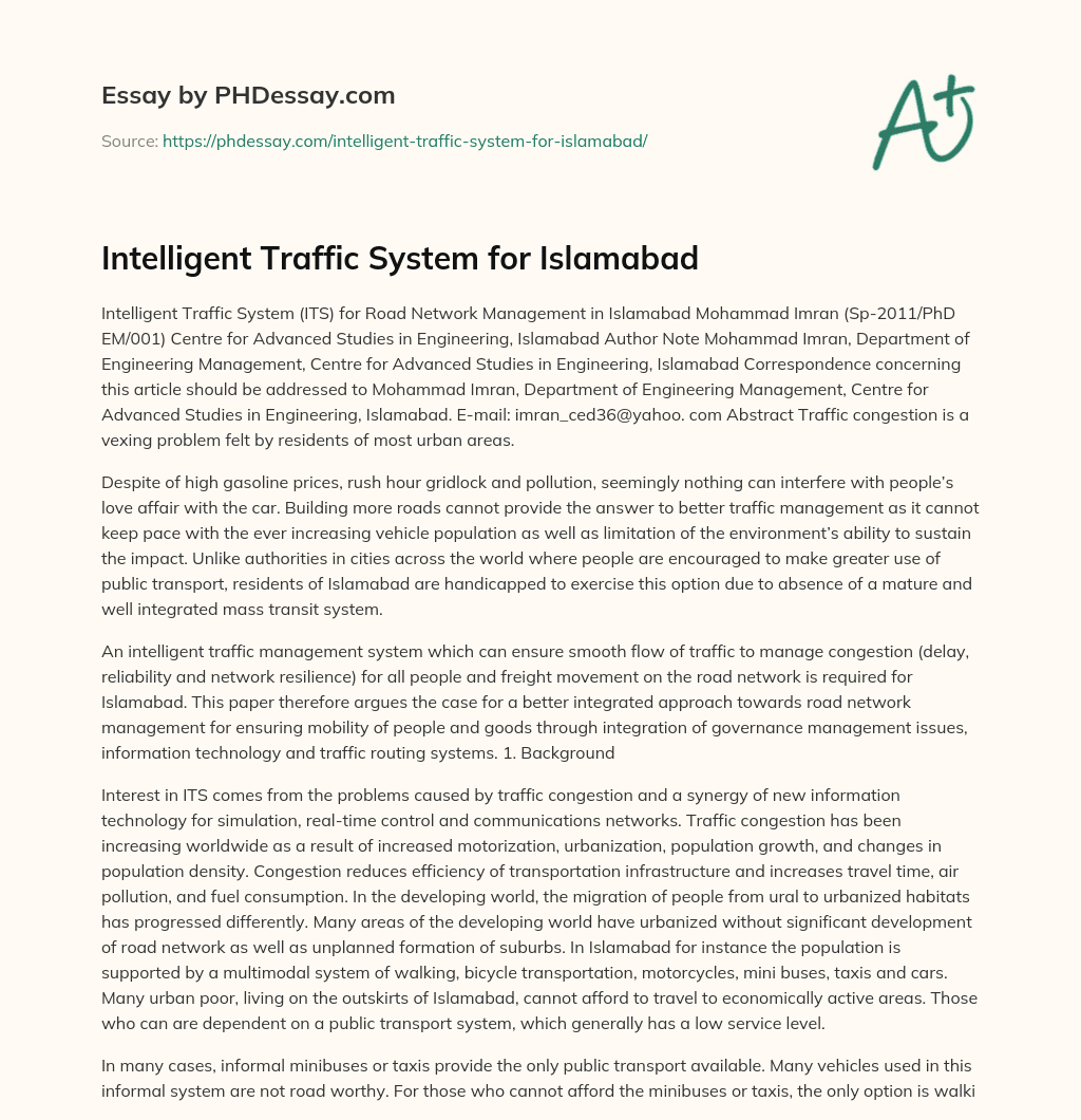 Intelligent Traffic System for Islamabad essay