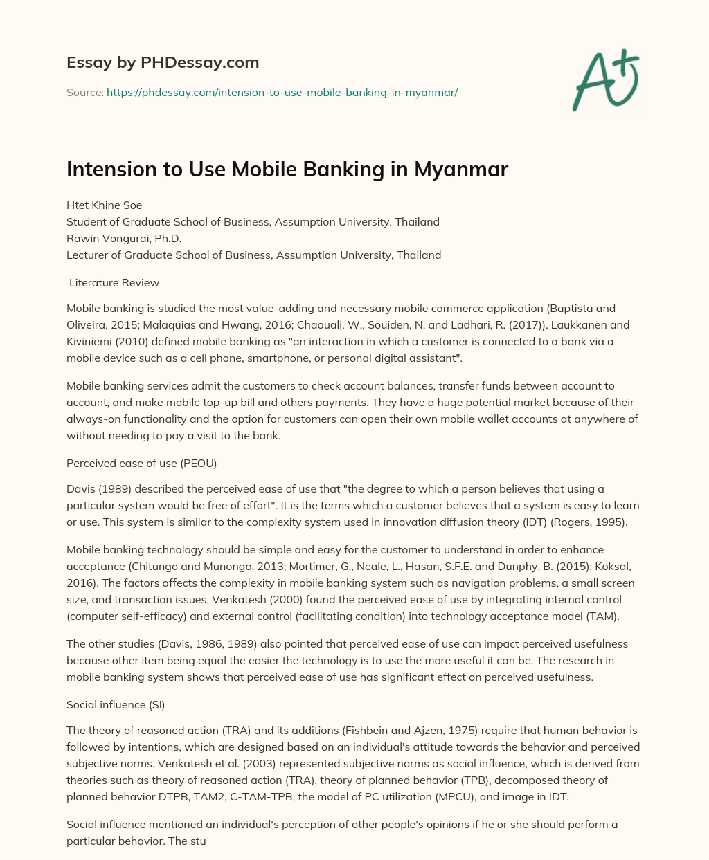 Intension to Use Mobile Banking in Myanmar essay