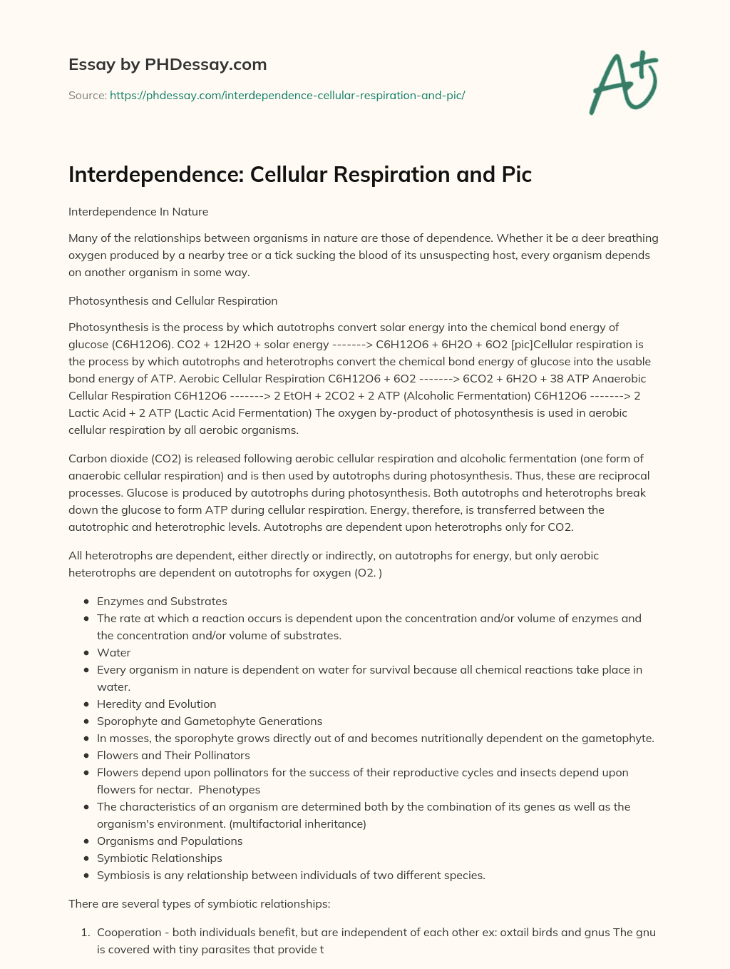 Interdependence: Cellular Respiration and Pic essay