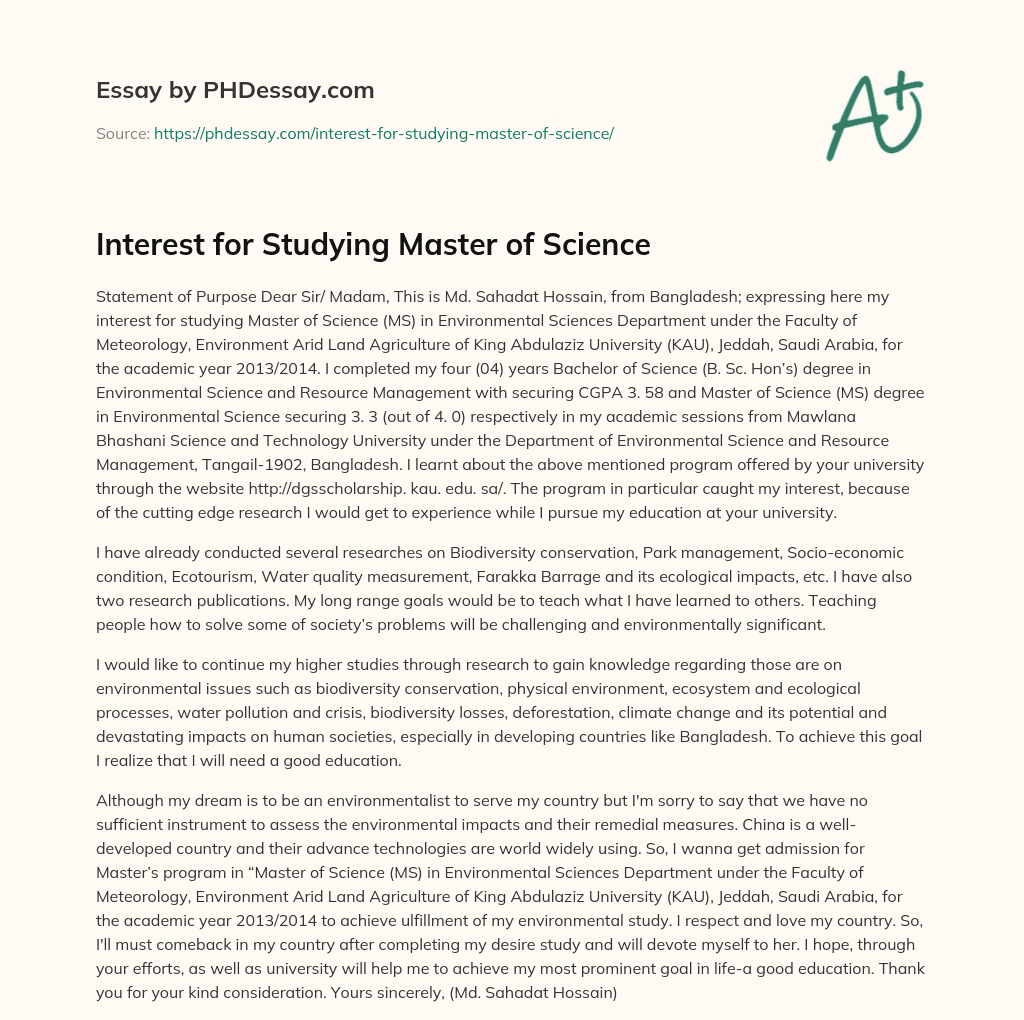 Interest for Studying Master of Science essay