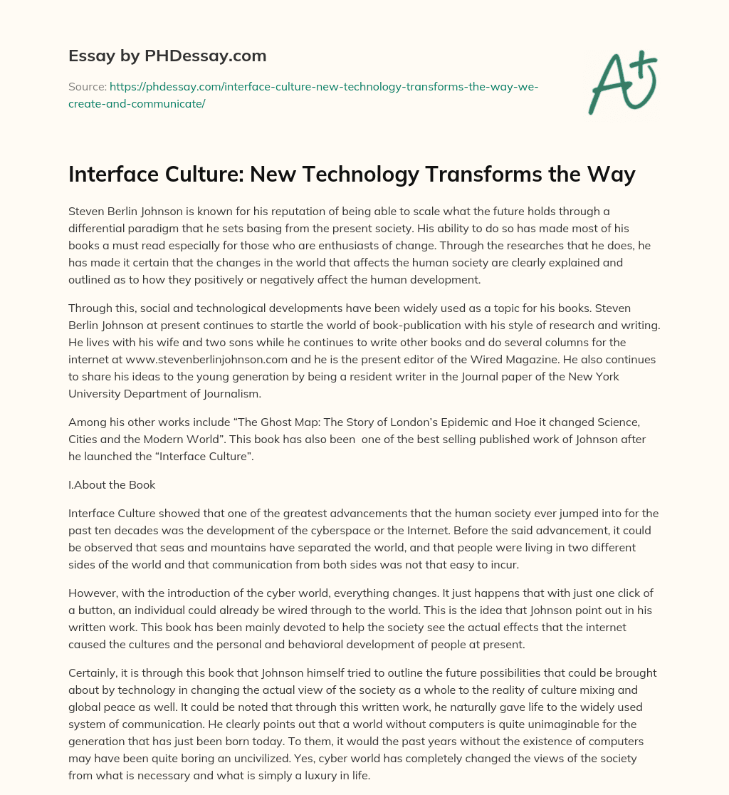 Interface Culture: New Technology Transforms the Way essay