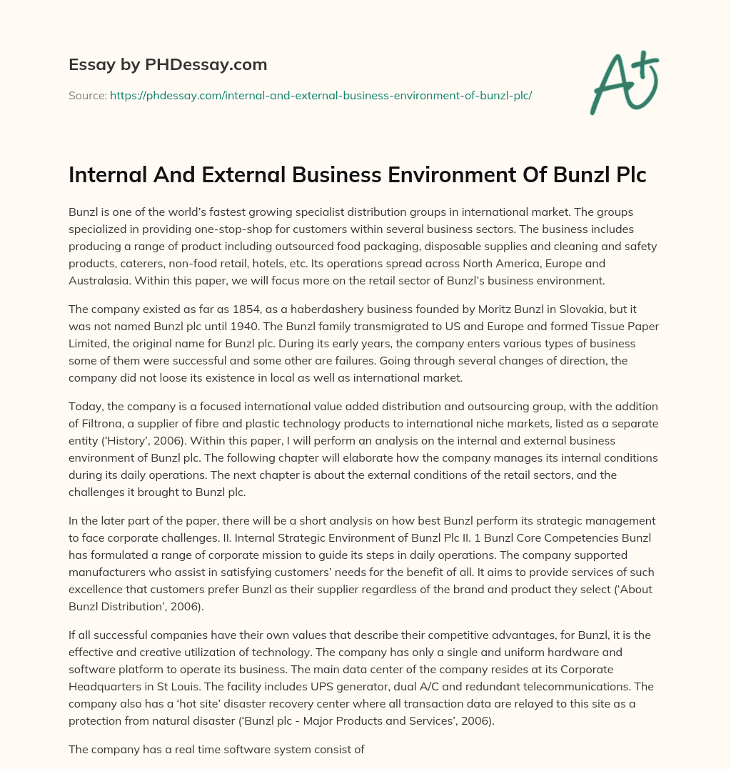 Internal And External Business Environment Of Bunzl Plc essay