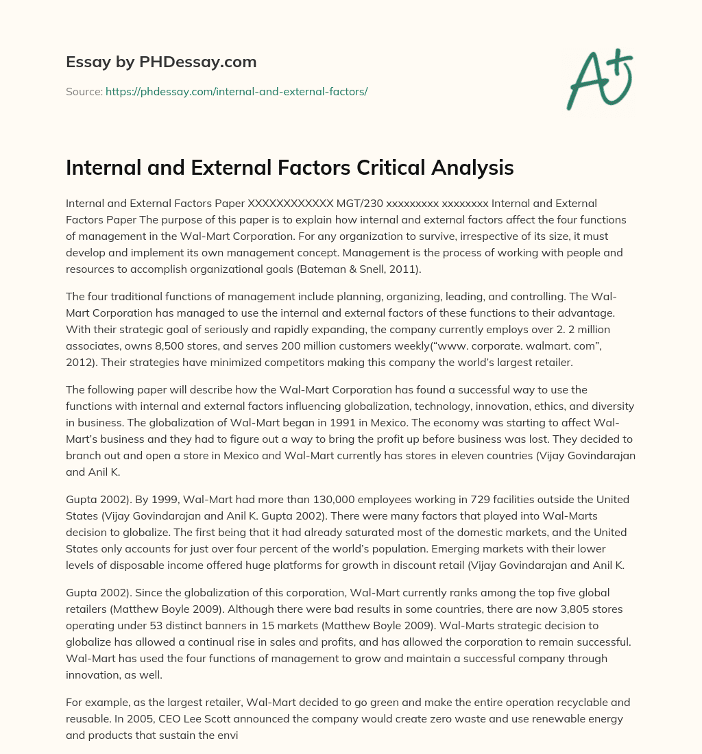 Internal and External Factors Critical Analysis essay