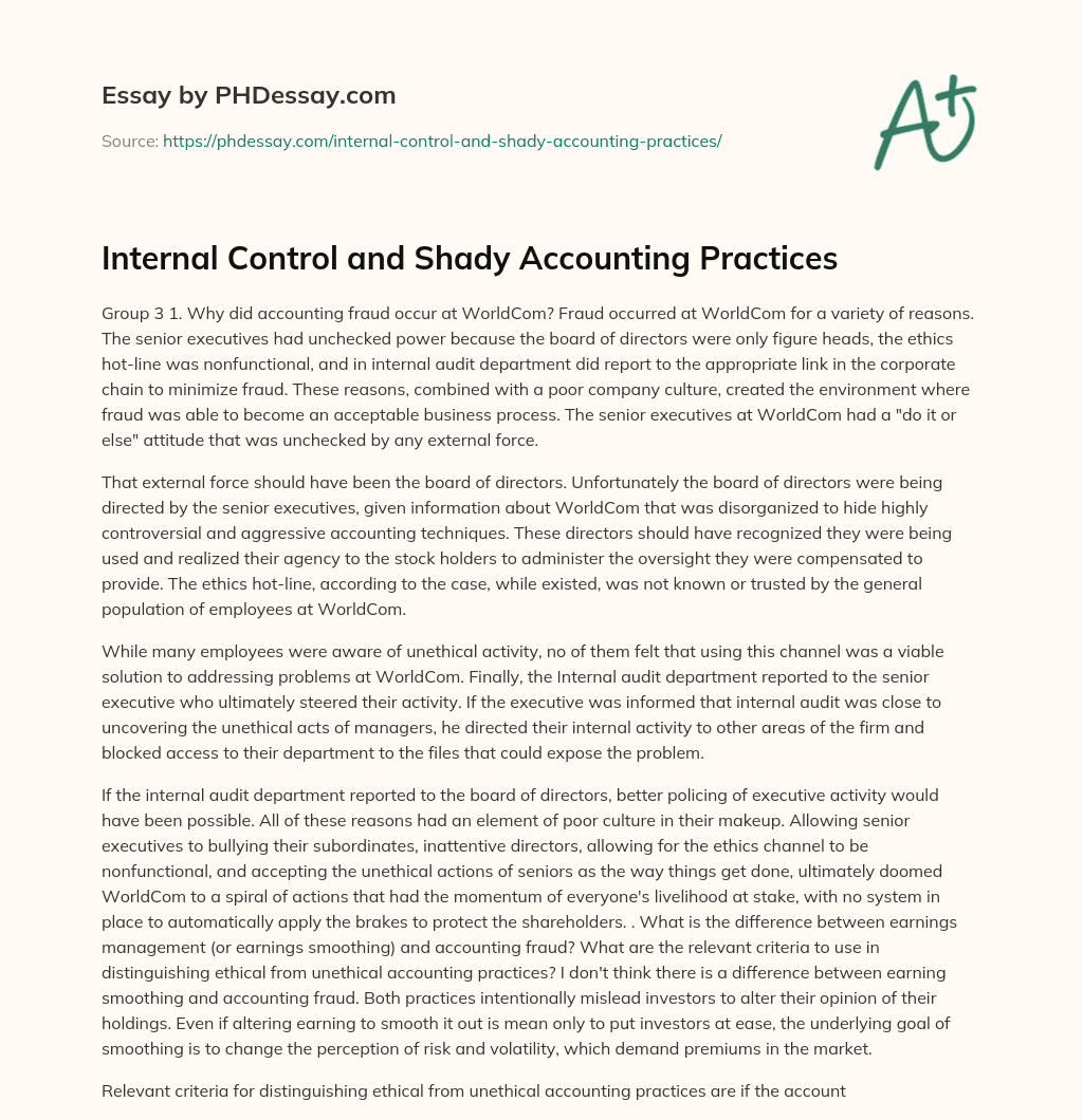 Internal Control and Shady Accounting Practices essay