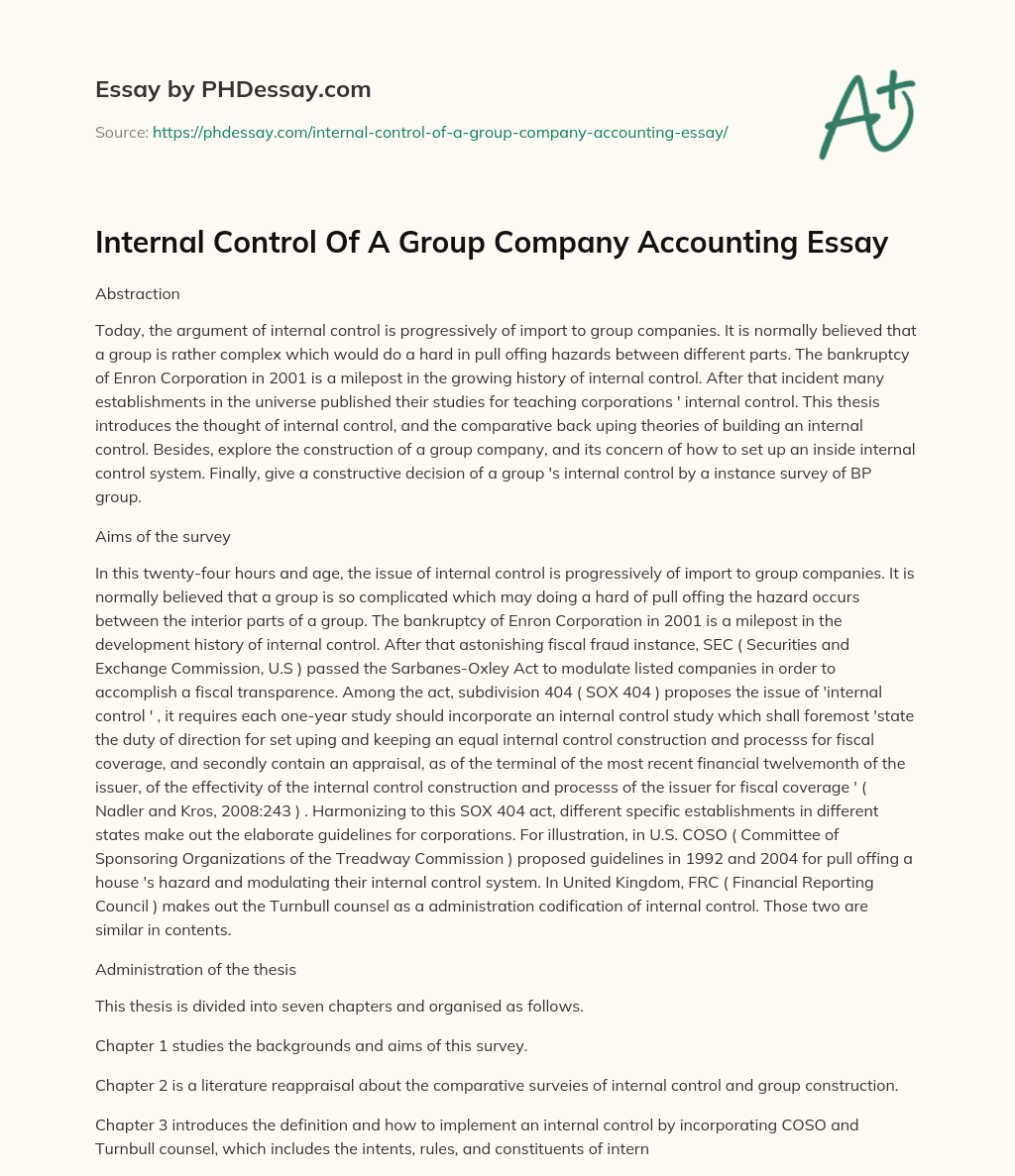 Internal Control Of A Group Company Accounting Essay essay
