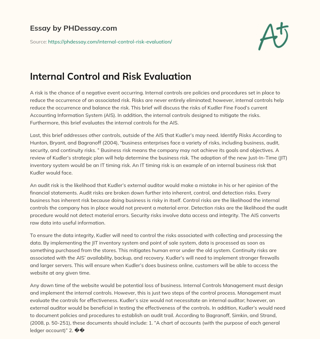 Internal Control and Risk Evaluation essay