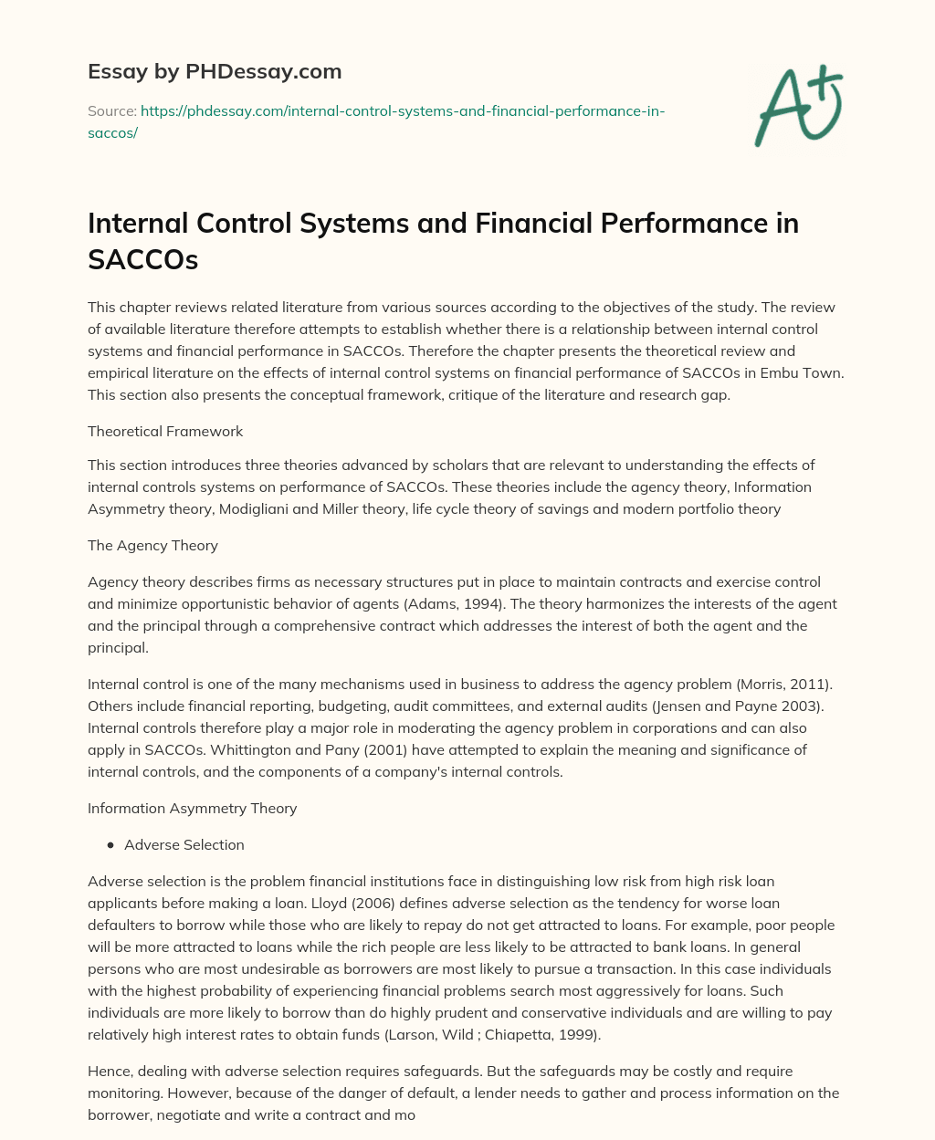 internal control on financial performance thesis