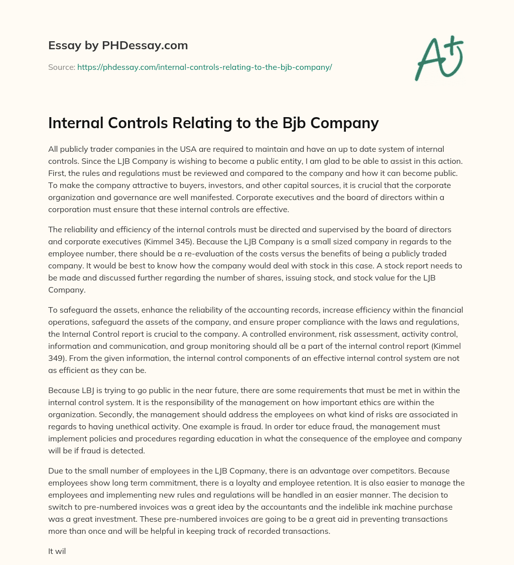 Internal Controls Relating to the Bjb Company essay