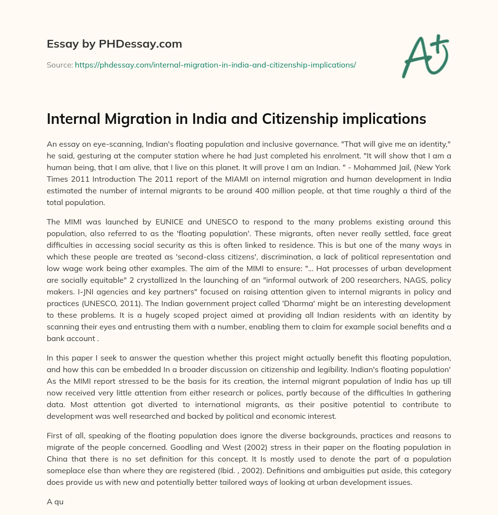 Internal Migration in India and Citizenship implications essay
