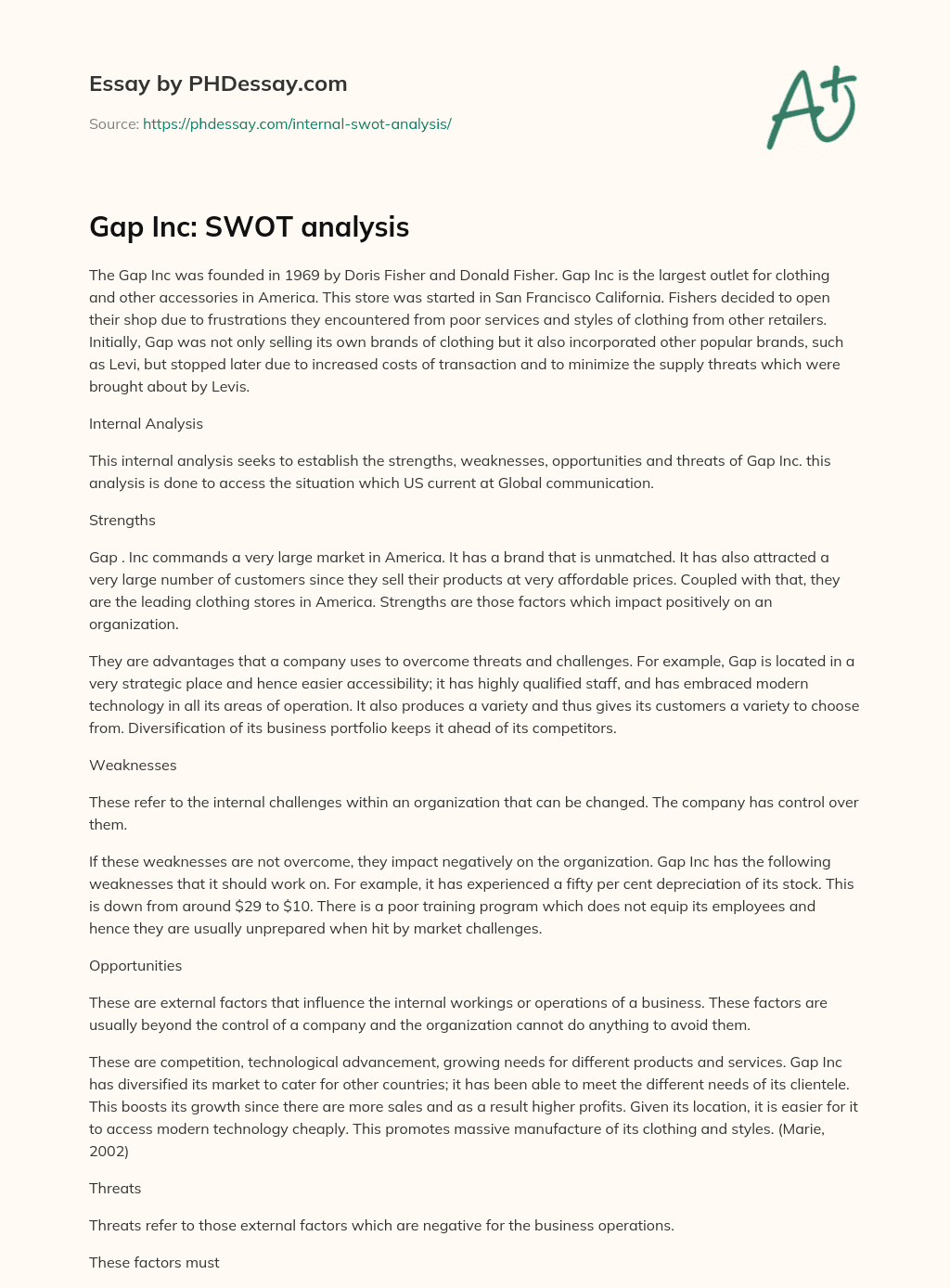 Gap Inc: SWOT analysis (600 Words) - PHDessay.com