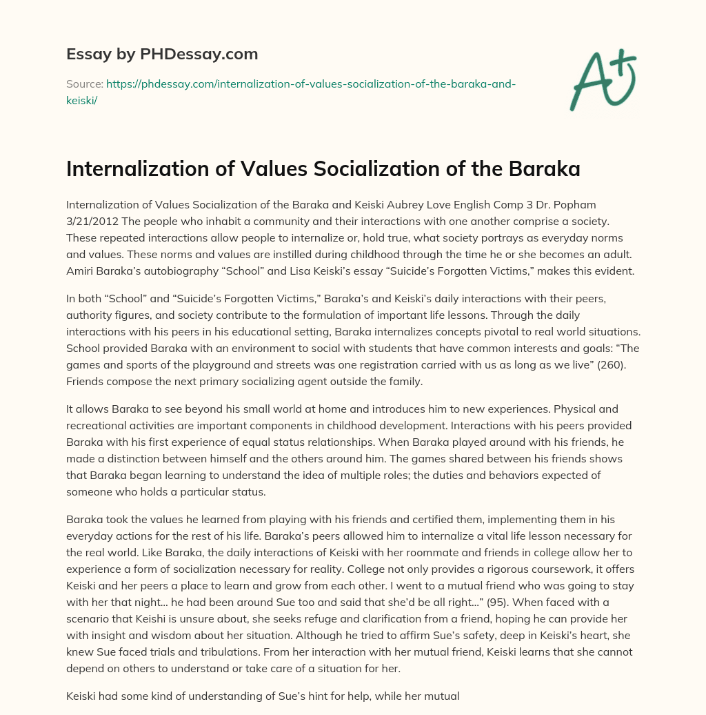 Internalization of Values Socialization of the Baraka essay