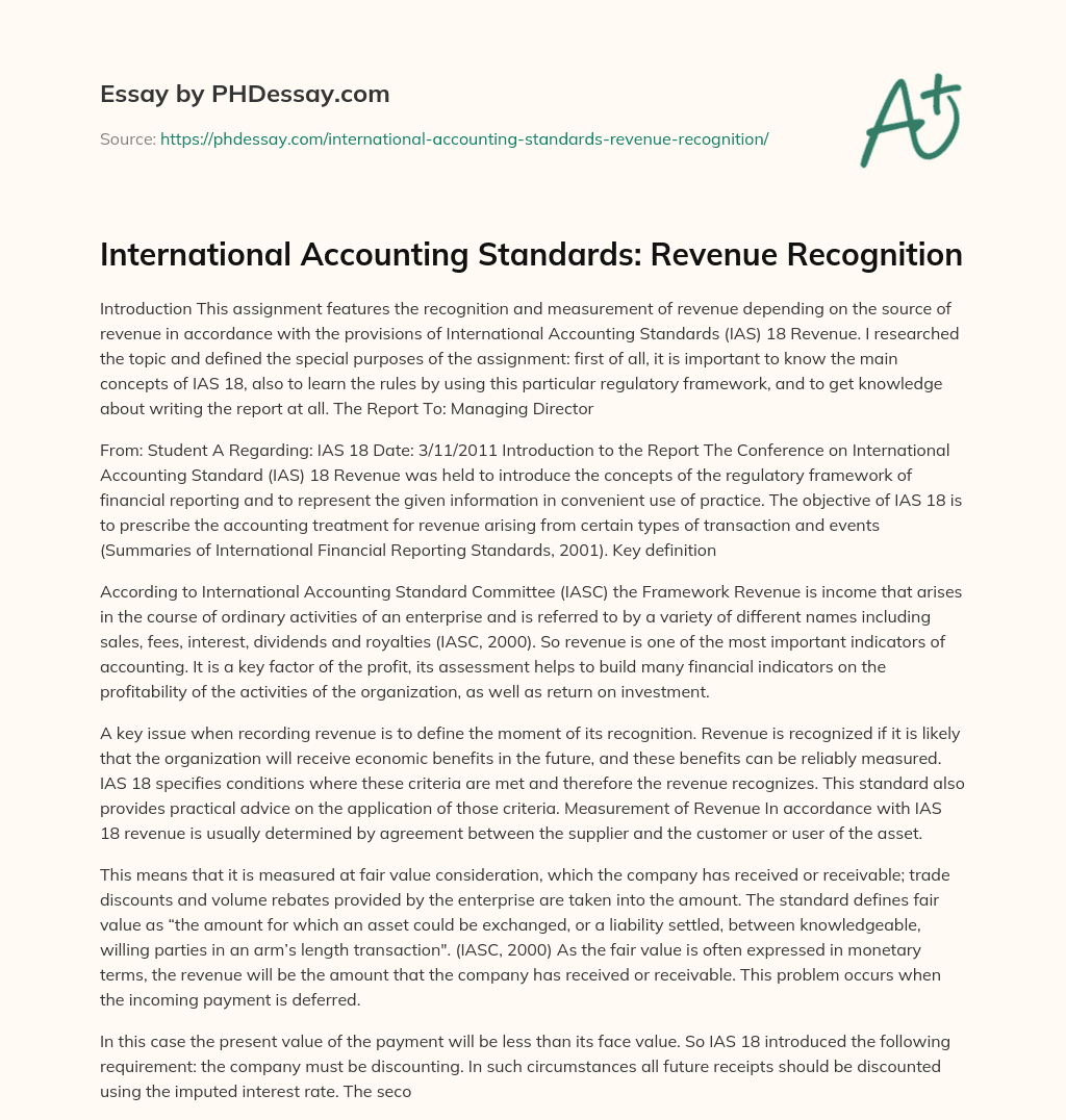International Accounting Standards: Revenue Recognition essay