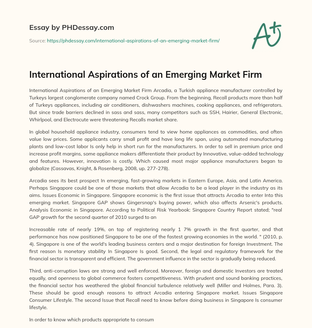 International Aspirations of an Emerging Market Firm essay