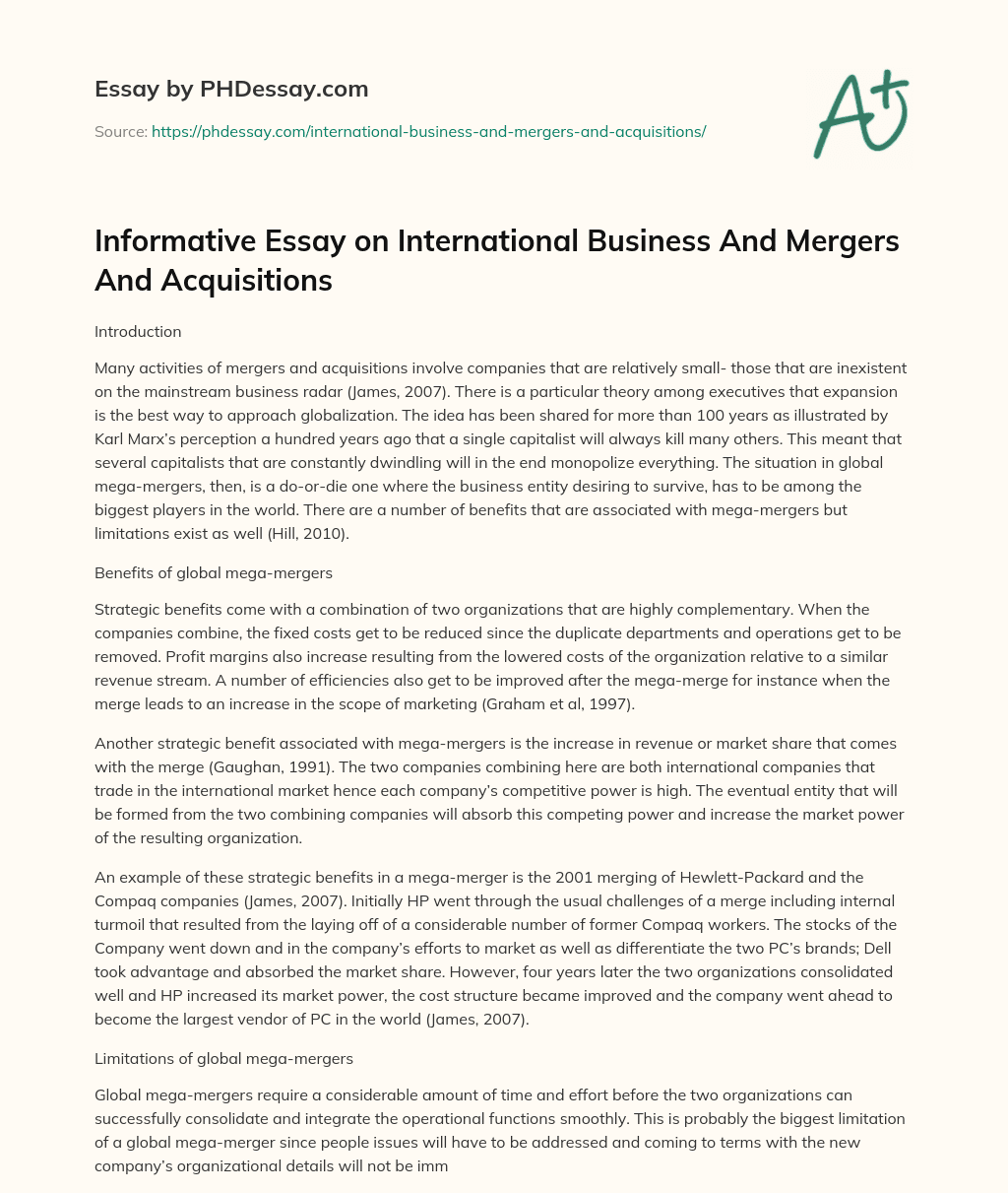 Informative Essay on International Business And Mergers And Acquisitions essay