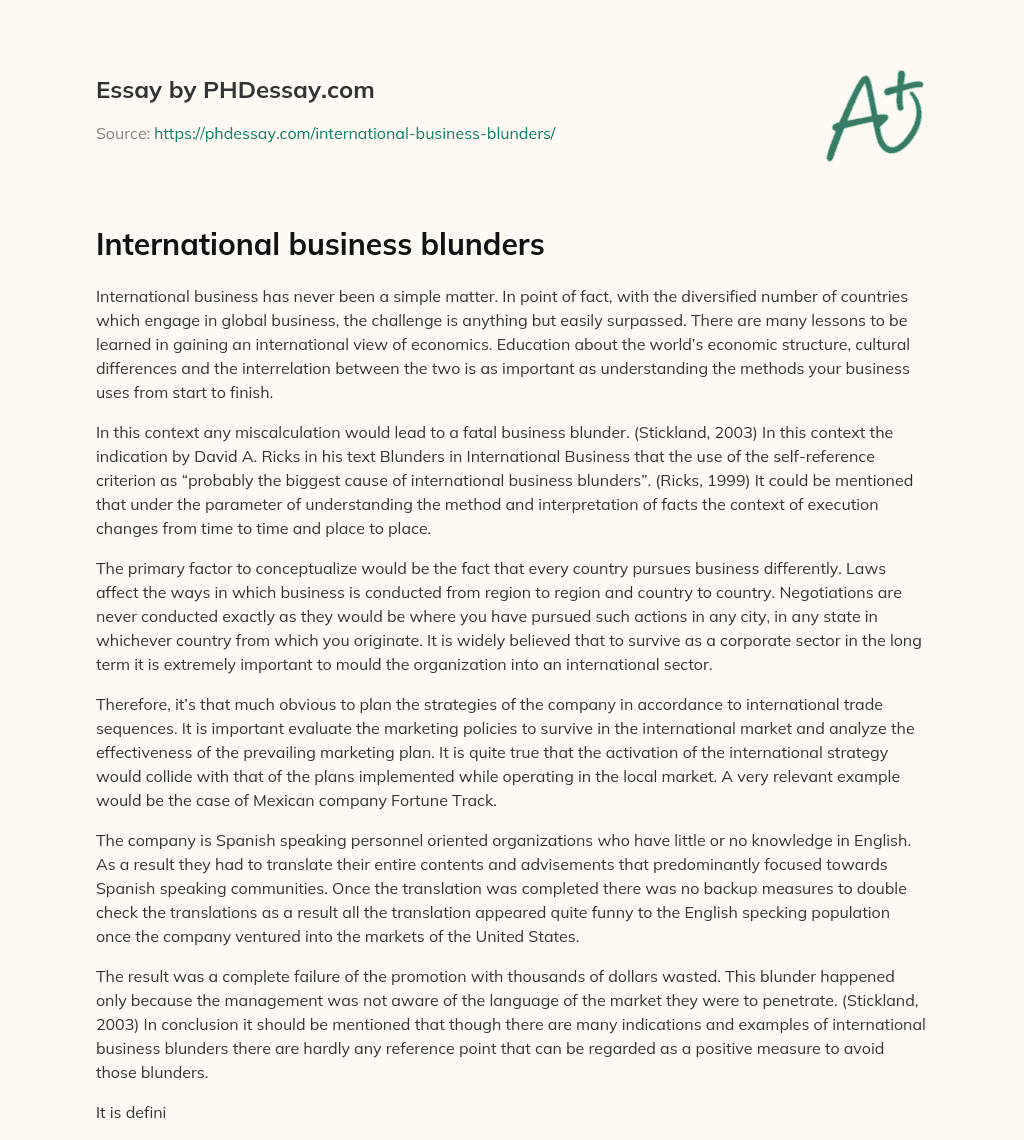 International business blunders essay