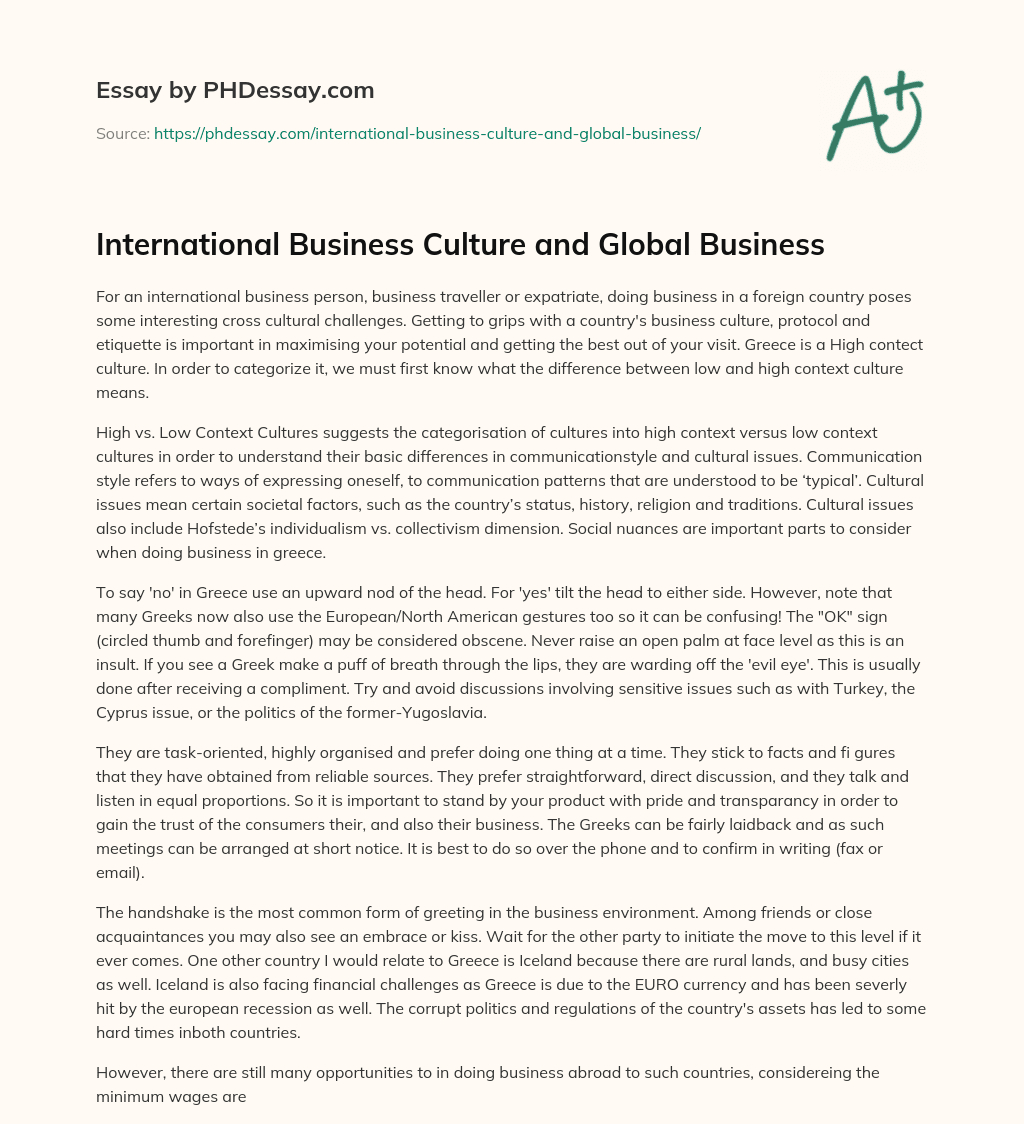International Business Culture and Global Business essay