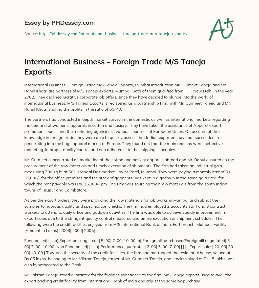 International Business – Foreign Trade M/S Taneja Exports essay