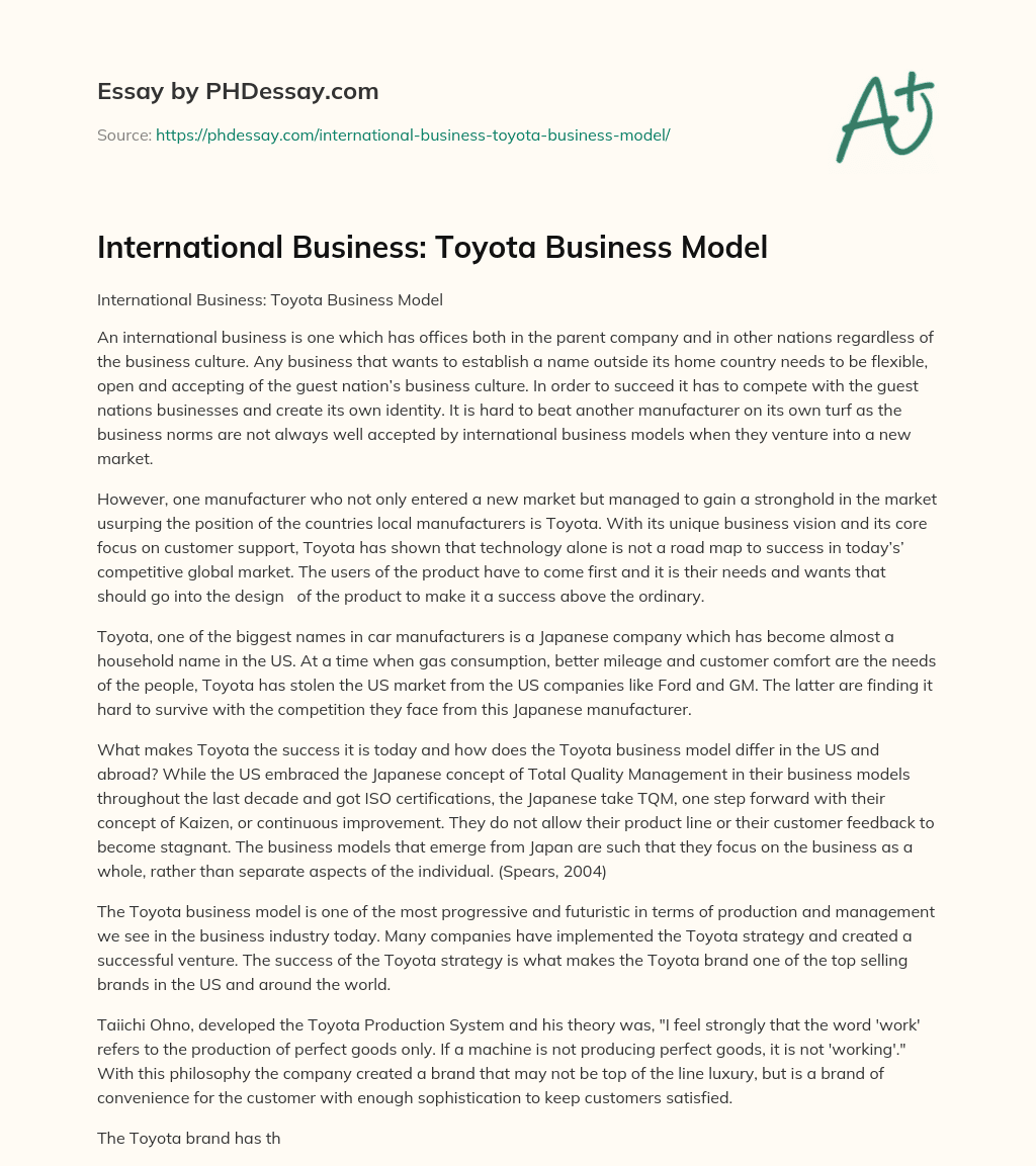 International Business: Toyota Business Model essay