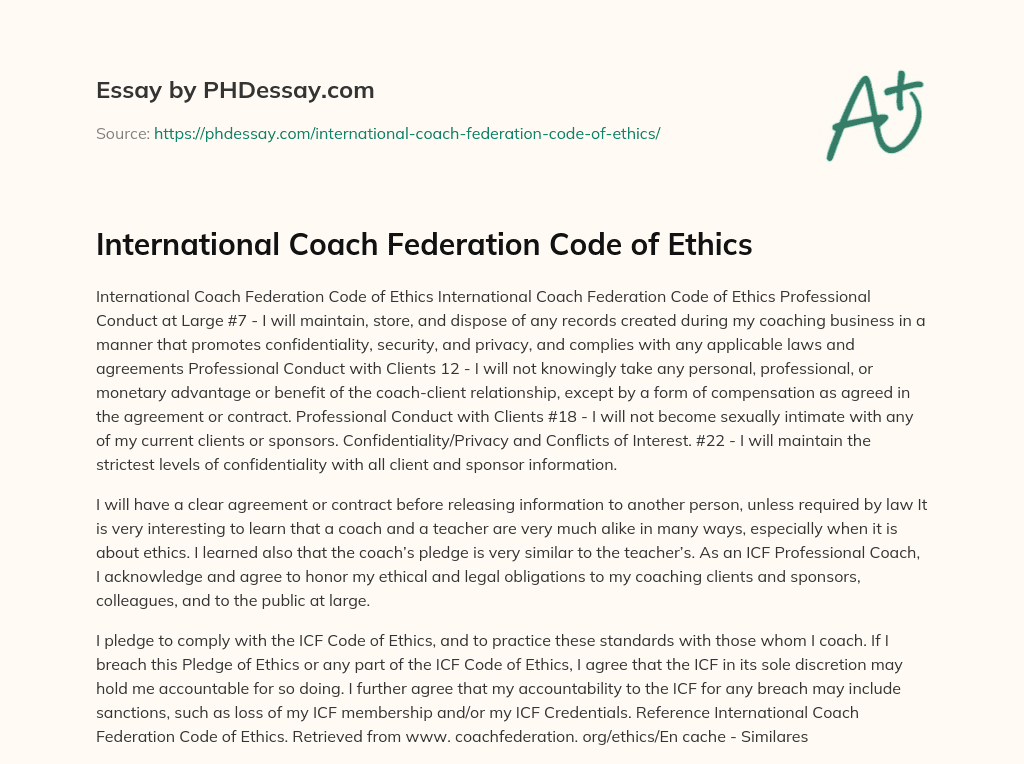 International Coach Federation Code of Ethics essay