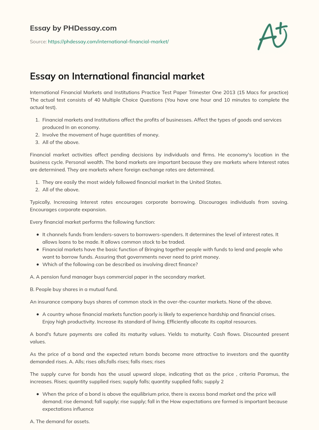 essay questions on financial markets