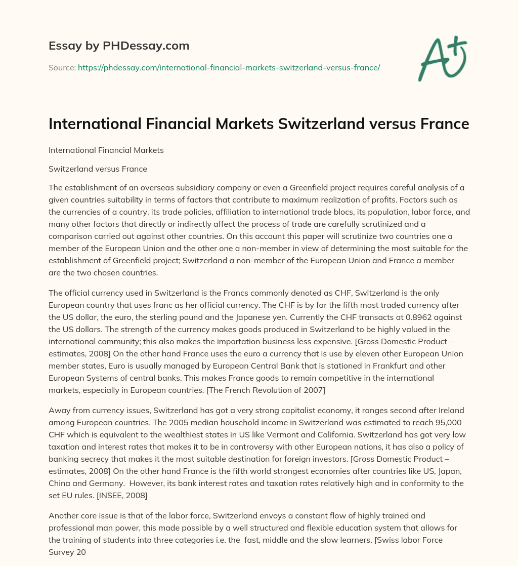 International Financial Markets Switzerland versus France essay