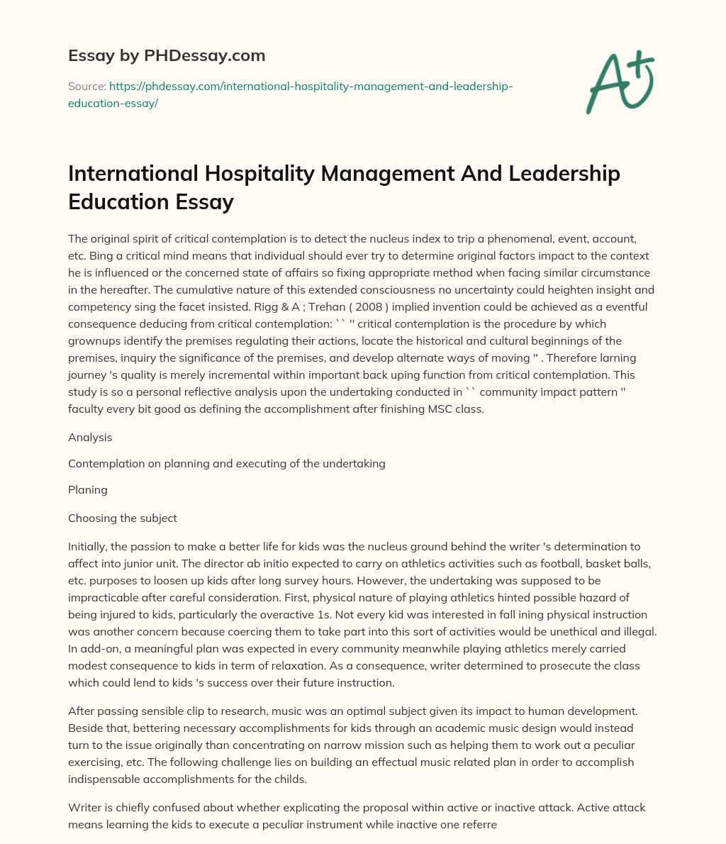 International Hospitality Management And Leadership Education Essay essay