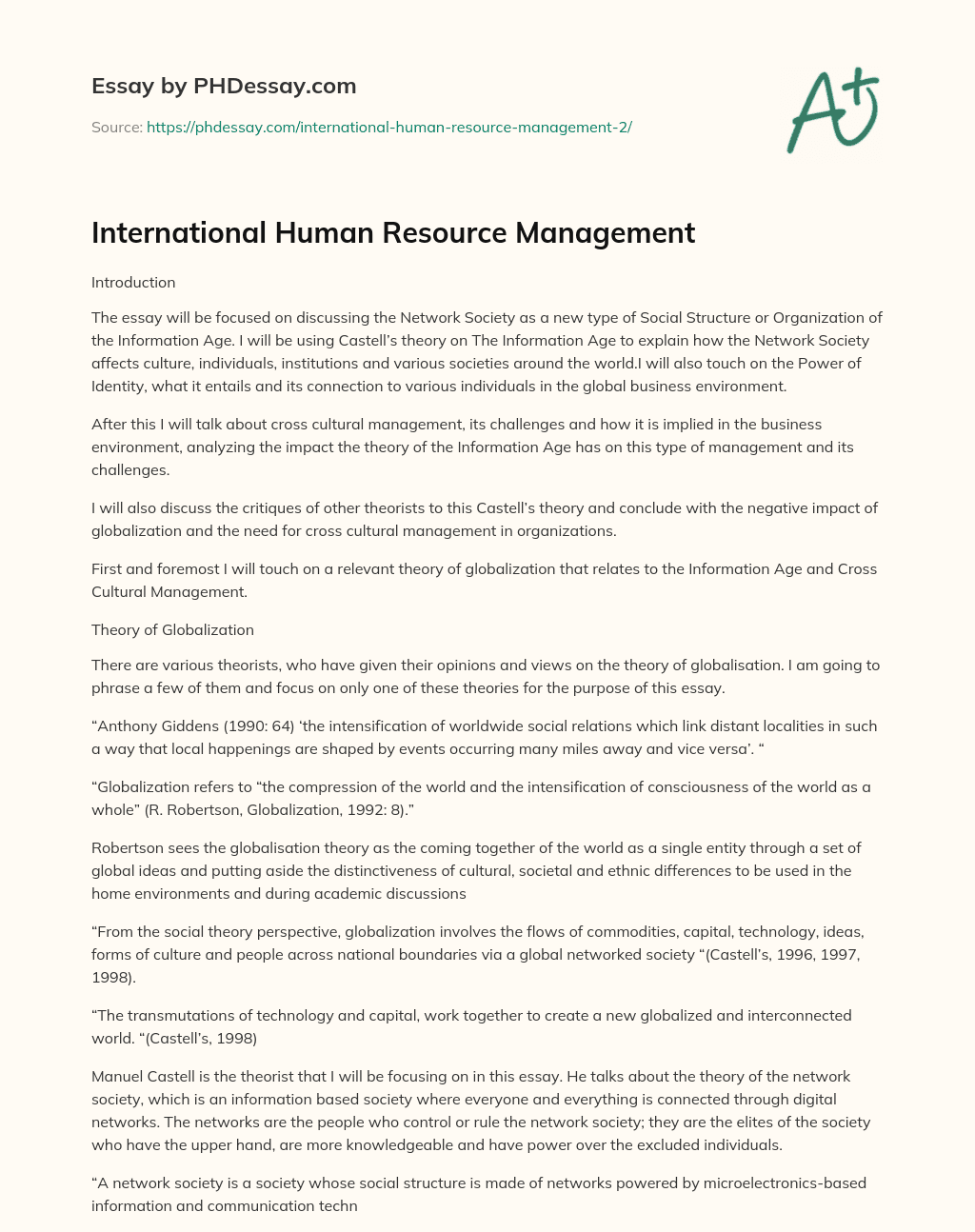 International Human Resource Management essay