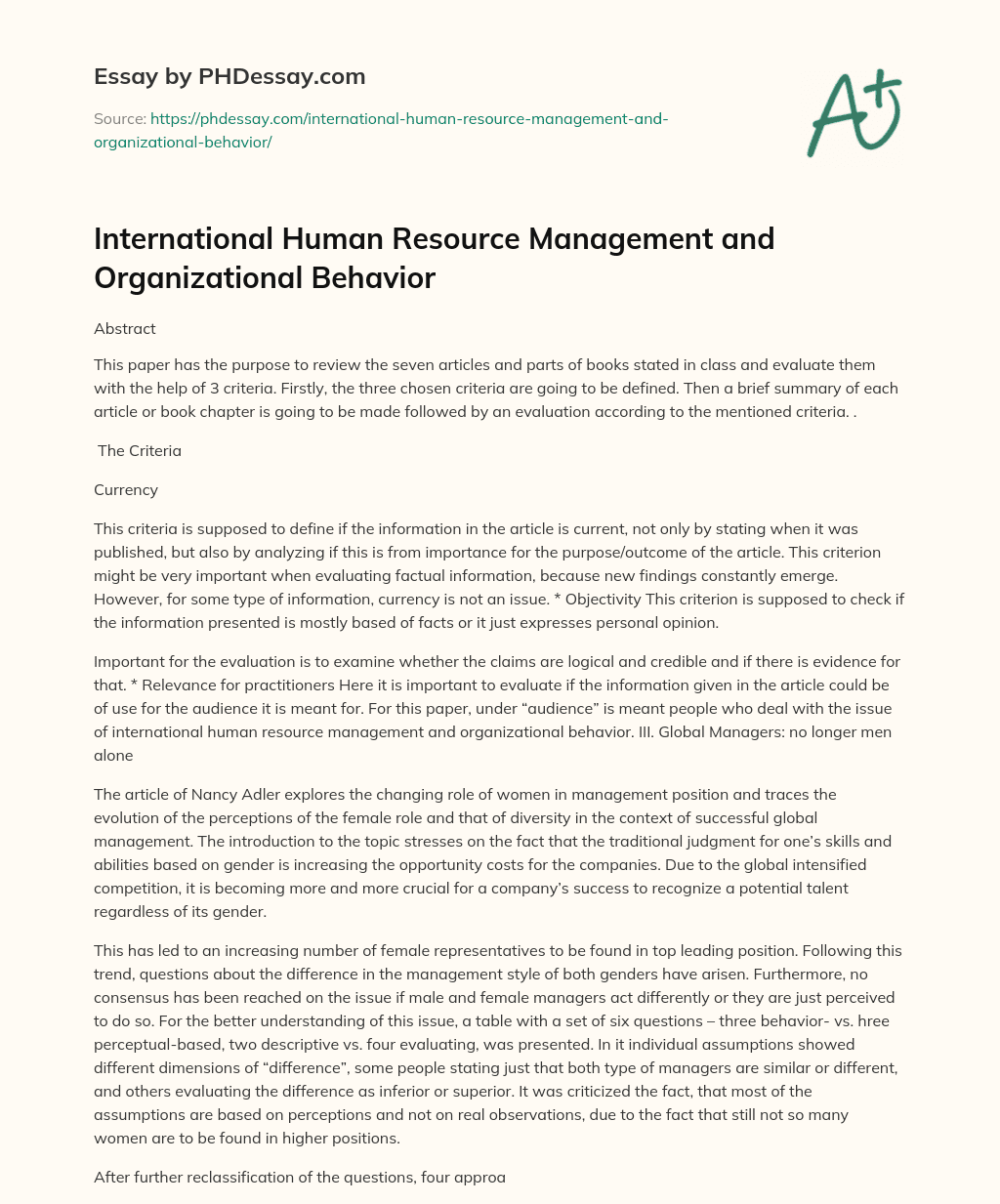 International Human Resource Management and Organizational Behavior essay