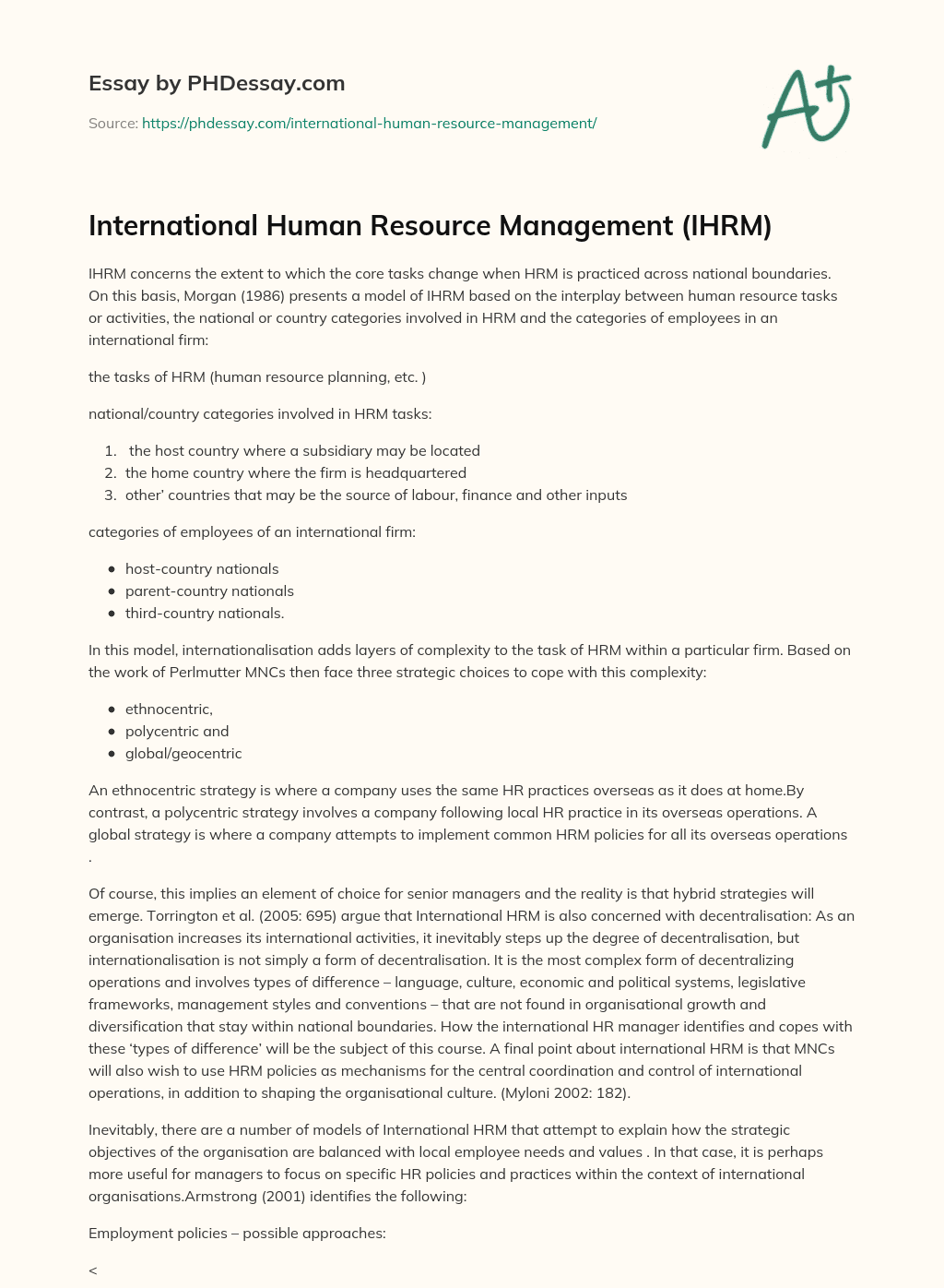 International Human Resource Management (IHRM) essay