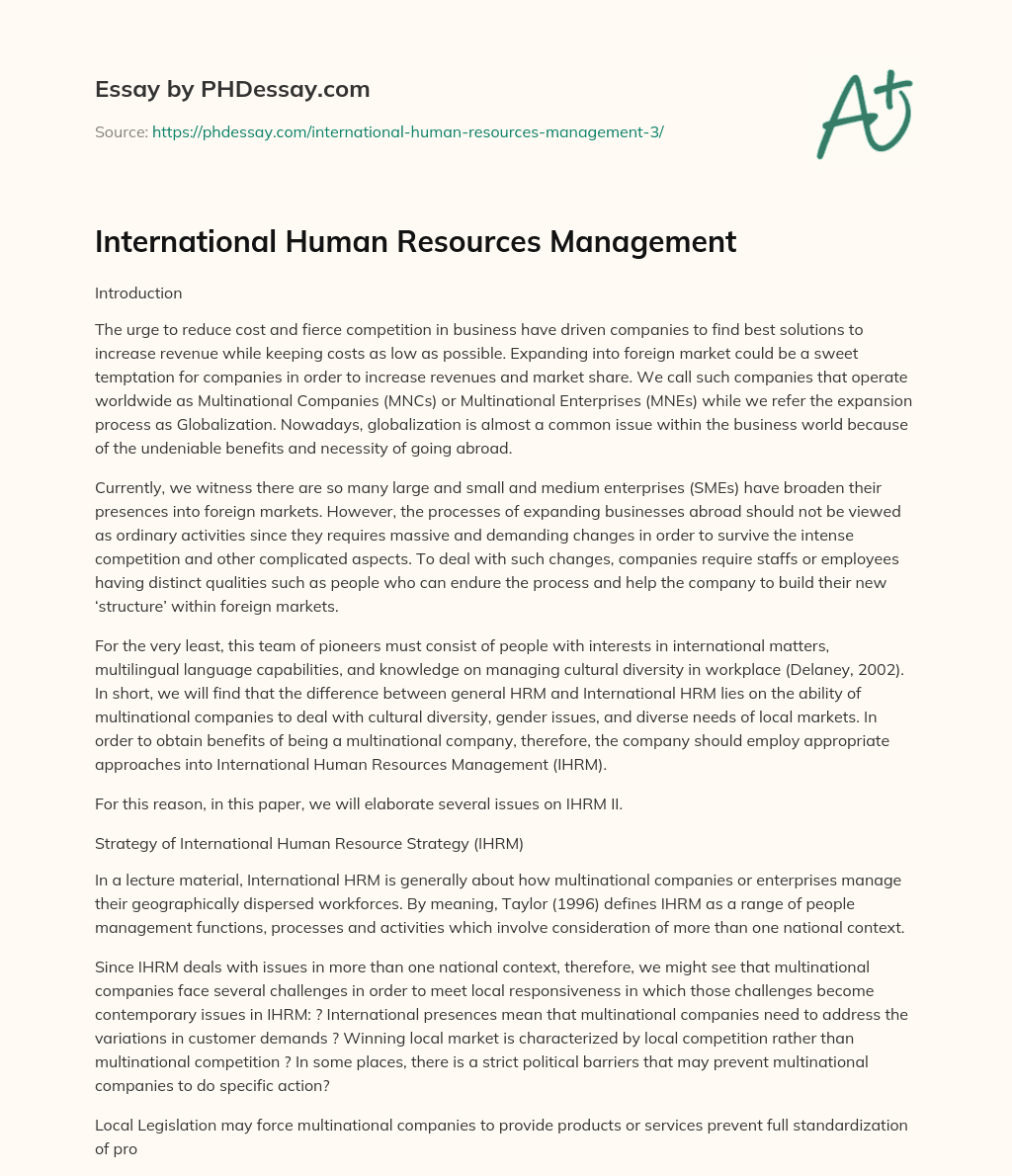 International Human Resources Management essay