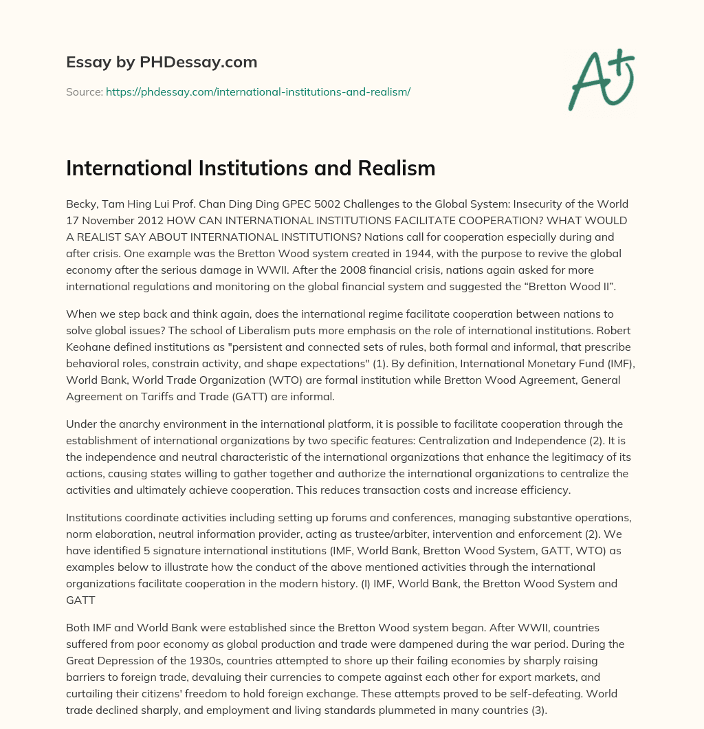 International Institutions and Realism essay