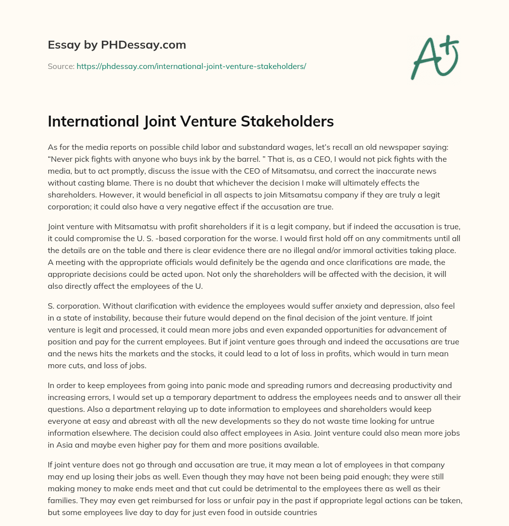 International Joint Venture Stakeholders essay