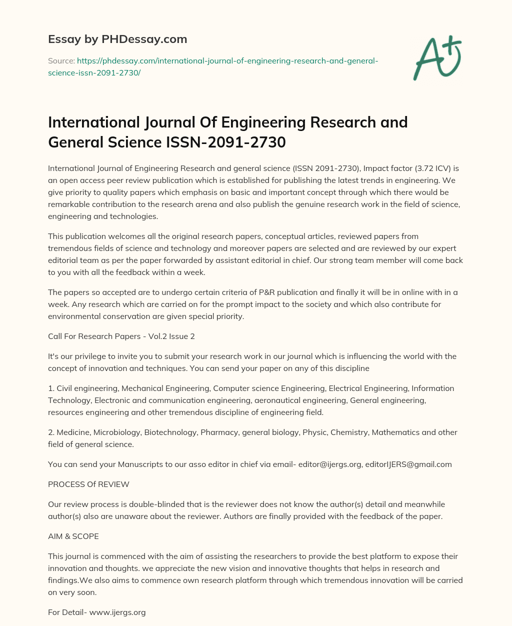 International Journal of Engineering Research and General Science essay