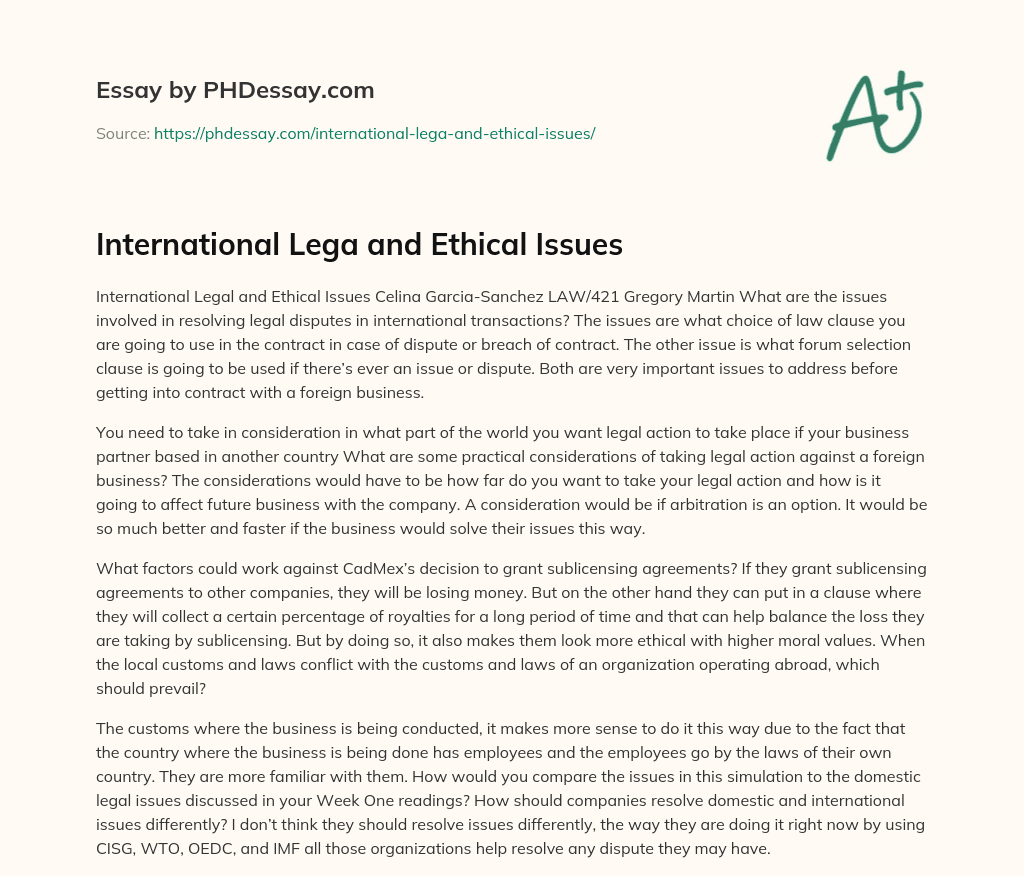 International Lega and Ethical Issues essay