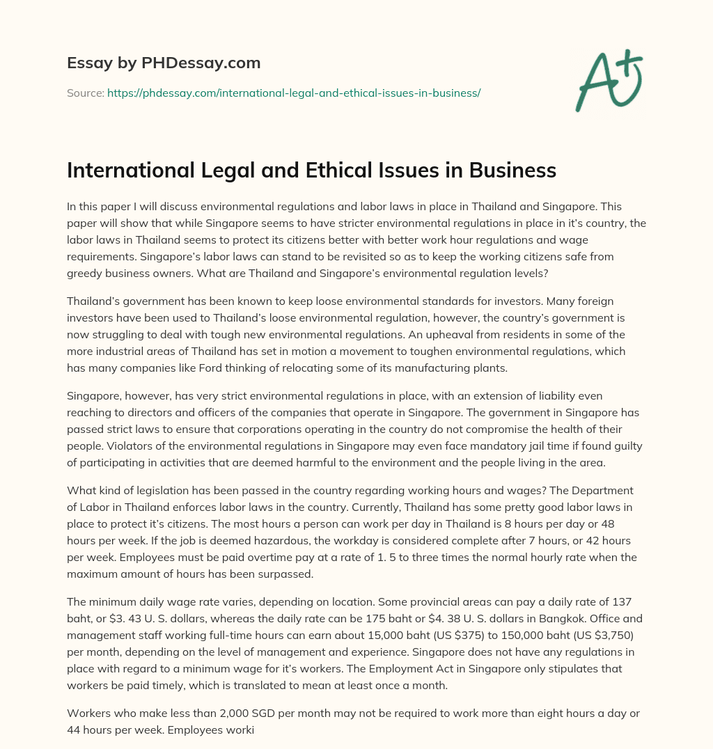 International Legal and Ethical Issues in Business essay