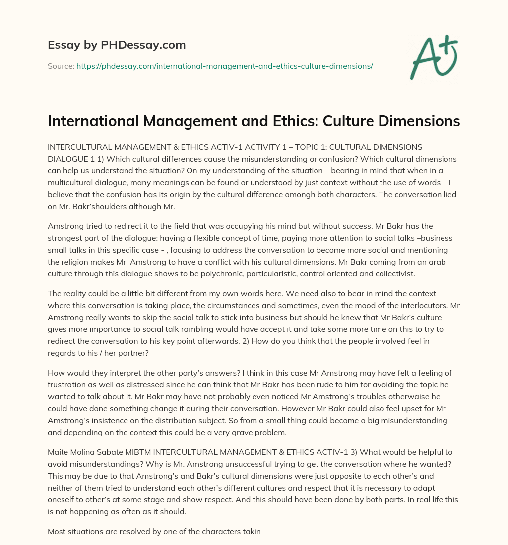 International Management and Ethics: Culture Dimensions essay