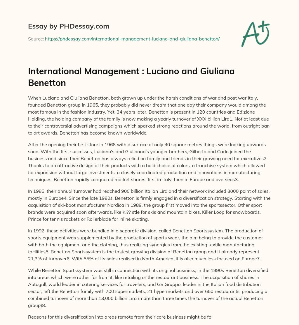 International Management : Luciano and Giuliana Benetton essay