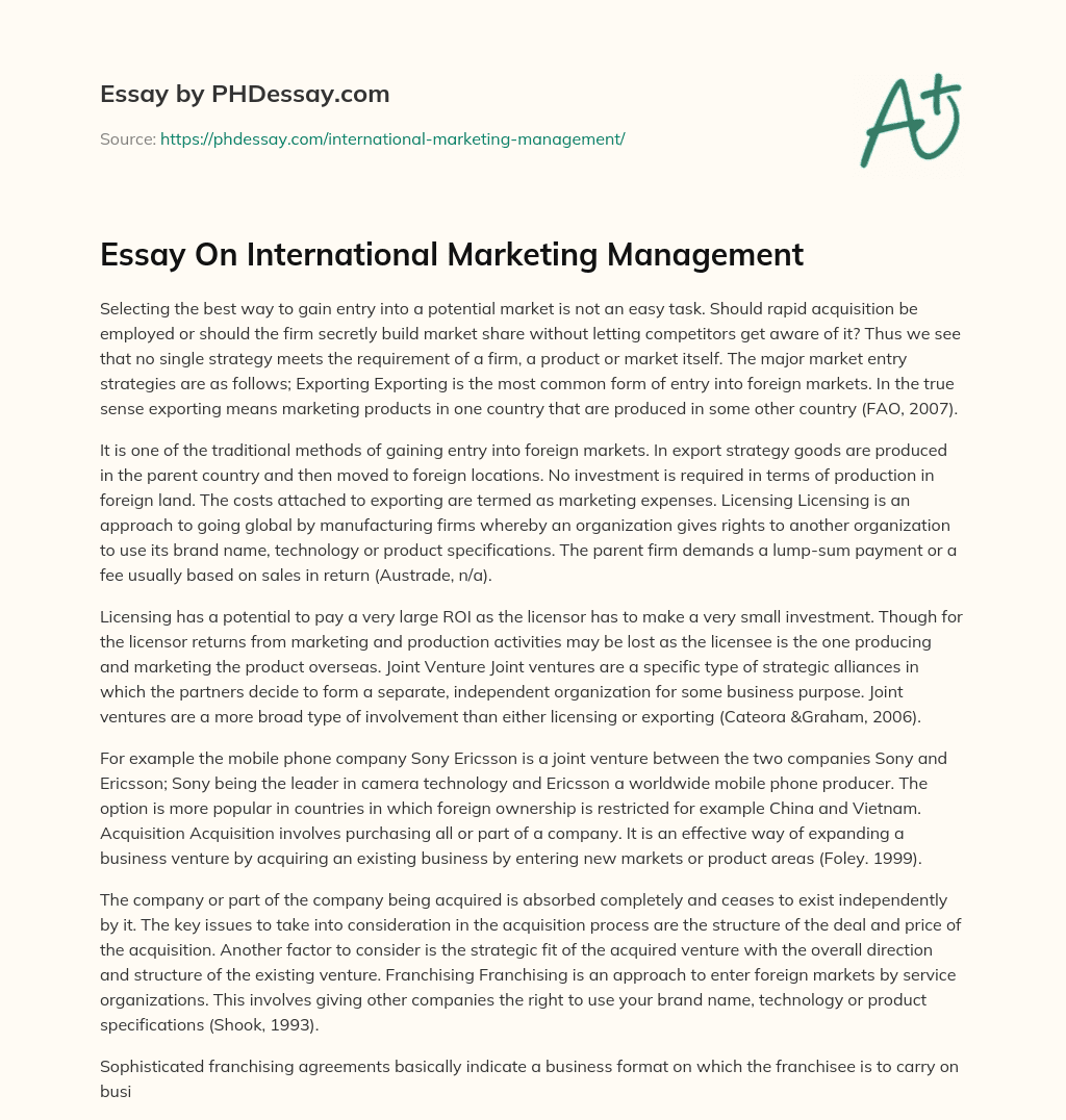 Essay On International Marketing Management essay