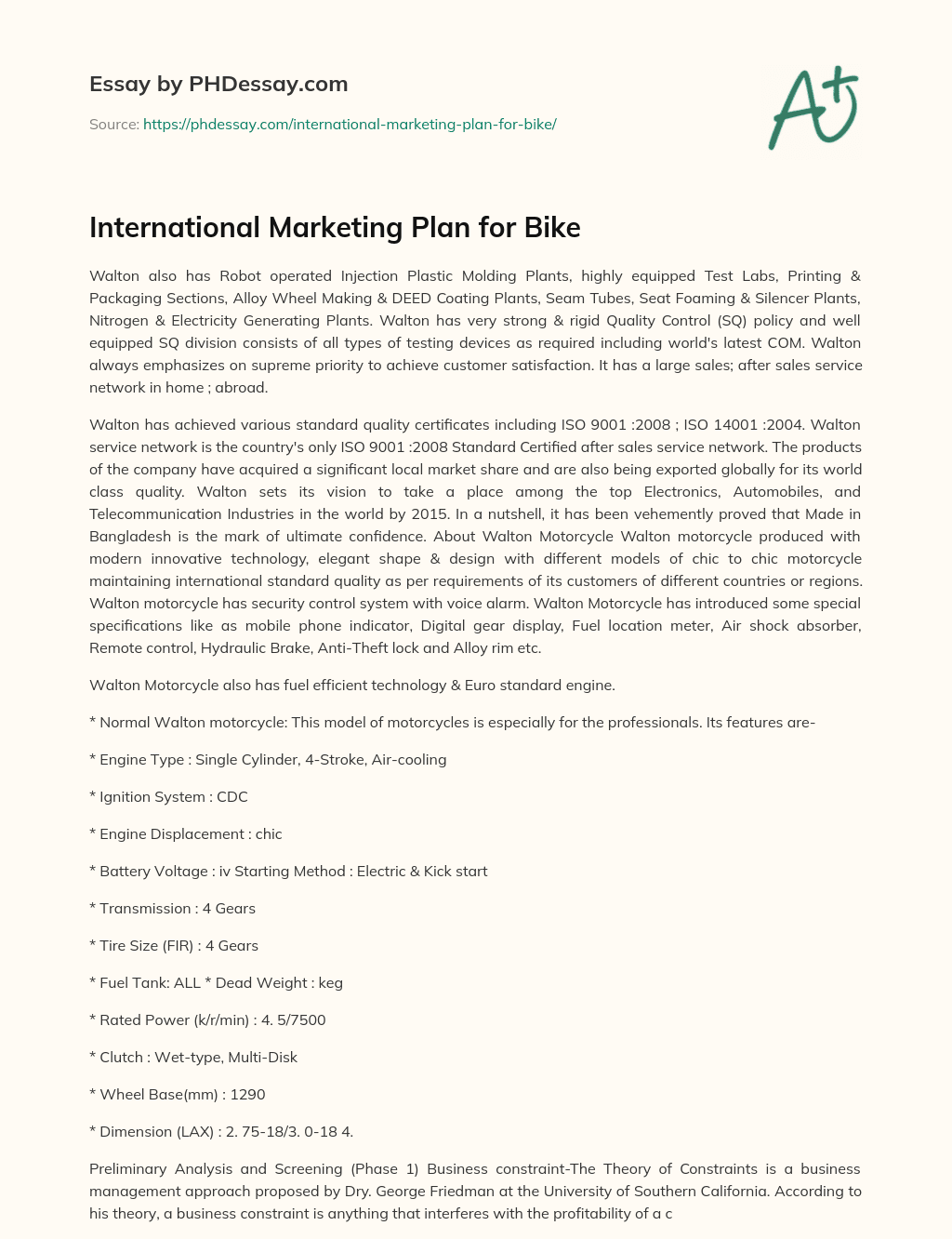 International Marketing Plan for Bike essay