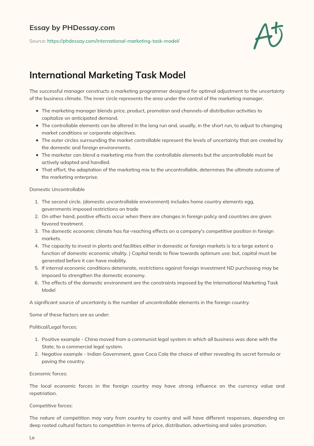 International Marketing Task Model essay