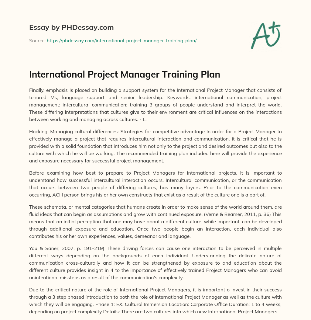 International Project Manager Training Plan essay