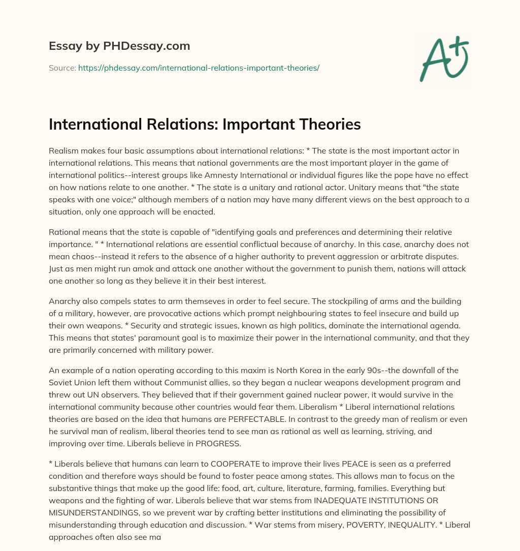 International Relations: Important Theories essay