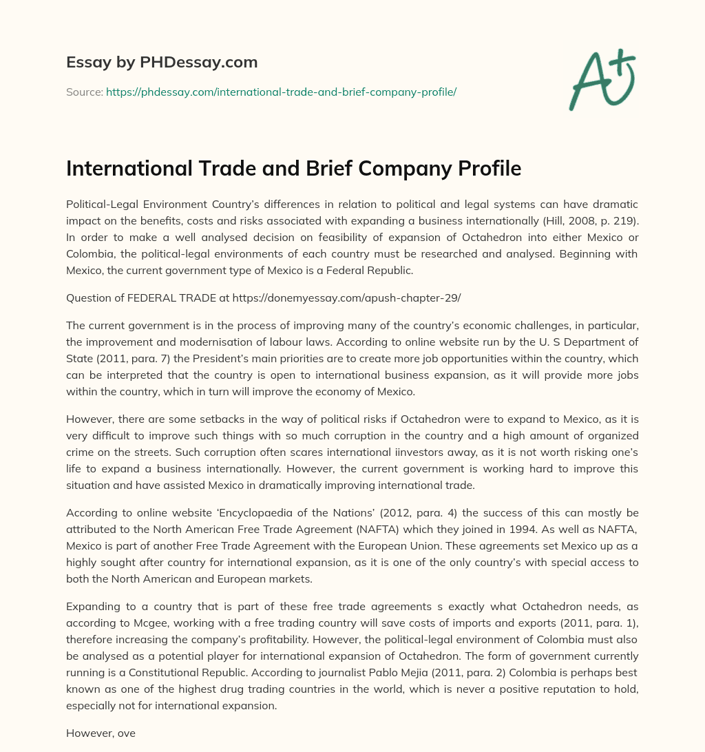 International Trade and Brief Company Profile essay