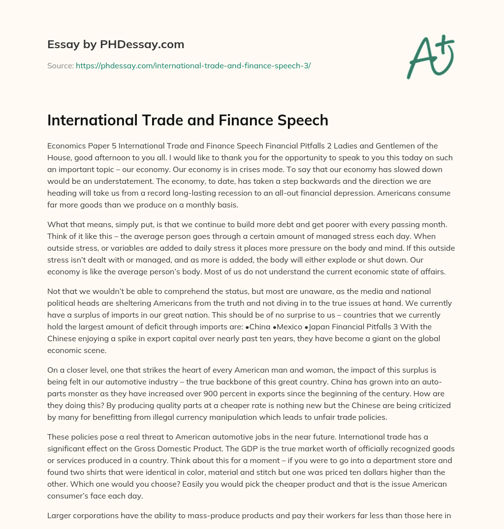 International Trade and Finance Speech essay