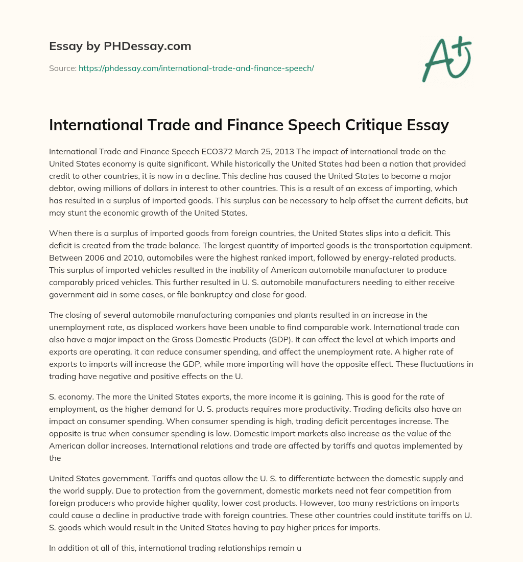 International Trade and Finance Speech Critique Essay essay