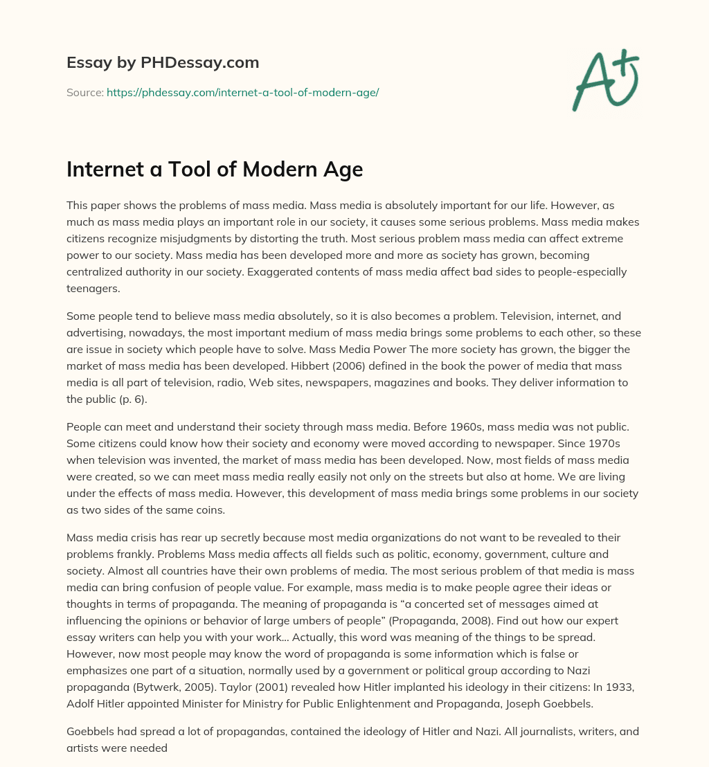 Internet a Tool of Modern Age essay