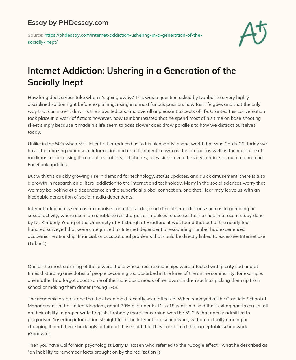 Internet Addiction: Ushering in a Generation of the Socially Inept essay