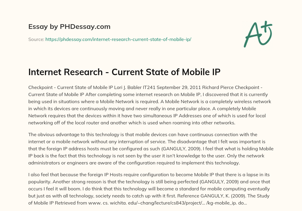 Internet Research – Current State of Mobile IP essay